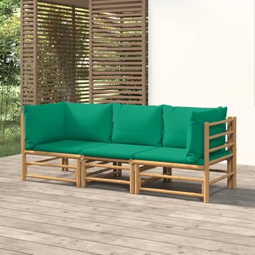 JUDYY 3-TLG. Garten-Lounge-Set mit Grünen Kissen Bambus, Lounge Gartenmöbel Set, Terassenmöbel Wetterfest, Loungemöbel Terrasse, Gartenlounge, Garten Loungemöbel Set, 3155151