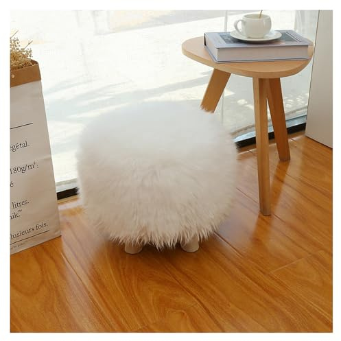 Fellhocker Kunstfell Plüsch Ottomane flauschig Gepolsterter Fußhocker Rund Sitzhocker Felloptik Dekohocker mit Holzbeinen Sofahocker shaggy Kleine Bank für Wohnzimmer Schlafzimmer(30*30cm,Weiß)