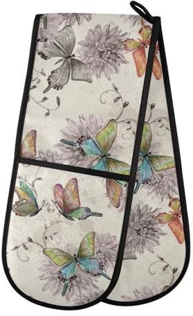 Double Oven Gloves Heat Resistant Vintage Butterfly Double Oven Mitts Pot Holder Heat Protection Oven Gloves for Home Kitchen Baking Cooking BBQ Microwave