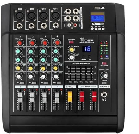 Mesa de Mezclas, Amplificador Mezclador au-DIO for DJ, Controlador de DJ, Mezclador de Sonido 600wx2, Efecto DSP de 16 bits, 4 Canales for actuación de Fiesta, Escenario de computadora
