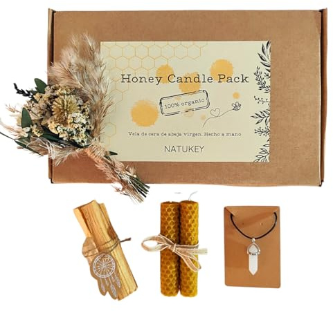 NATUKEY Velas de Miel para Ritual Día 11 y 22 | Velas de Cera de Abeja Natural Origen España | Kit de Velas de Miel de Abeja con 3 Palo Santo, Cristal de Cuarzo y Collar | Detalles para regalar