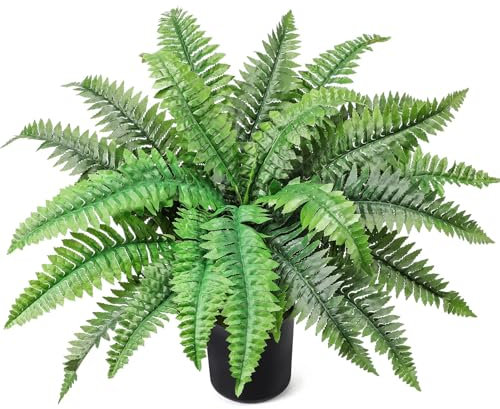 FineCheer Pianta di felce finta in vaso, pianta di felce artificiale in vaso, pianta verde per primavera, estate, patio, giardino, fattoria, davanzale, ingresso, portico, ufficio, soggiorno (24 foglie