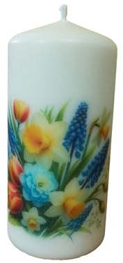 Spring Flowers Wax Pillar Candle Beautiful Decorative unscented scentless Handcrafted Floral Design Home Display Decor Daffodils Tulips Grape hyacinths Blue Roses