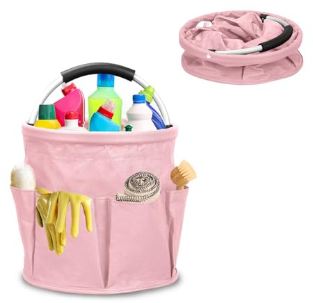 Yallmie Cleaning Caddy Organiser, 17L Cleaning Caddy with Handle Collapsible Cleaning Bag, Cleaning Products Organiser Multi Pocket Foldable Cleaning Bucket for Picnic Bath Shopping (Pink)