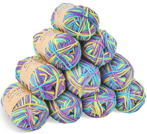 Coopay 10 Gomitolo di Lana per Uncinetto, 450g, Filato per Uncinetto Morbido Multicolore, Filato per Maglieria, Lana Gomitoli per Vestiti per Neonati, Sciarpe, Calzini - Viola Giallo Blu