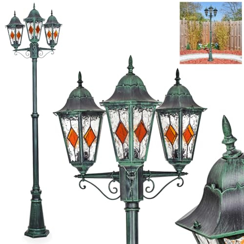 HOFSTEIN Kandelaber Hongkong, Außenwegeleuchte aus Metall/Glas in Schwarz/Grün/Klar/Orange, Wegebeleuchtung 245 cm, 3 x E27, IP44, Wegeleuchte im Vintage-Design für Garten, Außenbereich, Hof