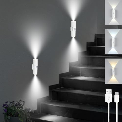 Lcxecnw Portable Wall Mounted Night Light,USB Rechargeable Magnetic LED Wall Lamp,Motion Sensor Night Light,3-Color Battery-Powered Wall Lamp,for Hallways,Bedrooms,Bathroom,Living Room(White 2 pcs)