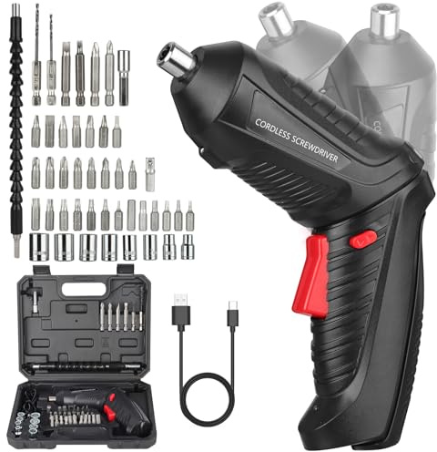 Mini Avvitatore a Batteria 3.6V: 47 pezzi Cacciavite a Batteria 1300mAh Ricaricabile USB, 2 Posizioni 90°-180°, Giravite elettrico con Coppia 3.6Nm, Luce LED, Ideale per Casa e Montaggio Mobili Nero