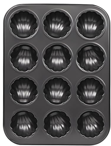 Kronabelle Mini tortiera antiaderente per 12 tazze, stampo scanalato in acciaio al carbonio, facile rilascio, muffin, brownies, Madeleine Ideal, utilizzabile in forno a 230 °C, nero