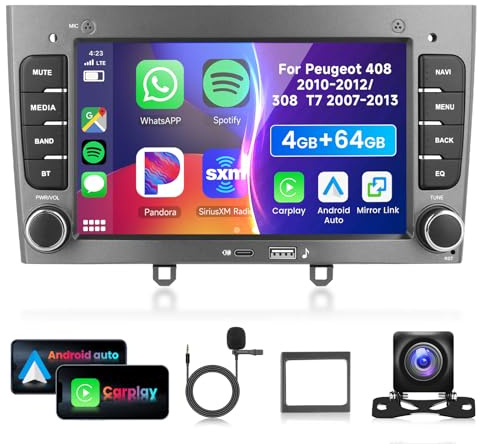 4G/64G VECHTEL 7 tum Bilradio för Peugeot 408 2010-2012/308 T7 2007-2013 Carplay Android Auto trådlös, EQ, WiFi GPS, spegellänk, RDS/FM Radio 2 Din, Bluetooth bilradio med backkamera