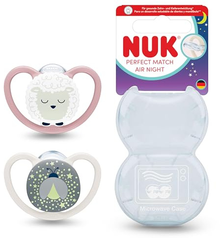 NUK Perfect Match Air Night Schnuller | 0-6 Monate | kieferorthopädisch, phosphoreszierende Schnuller, fördert Belüftung und beugt Irritationen vor | 95% Akzeptanz bei Babys | Schaf | 2 Einheiten
