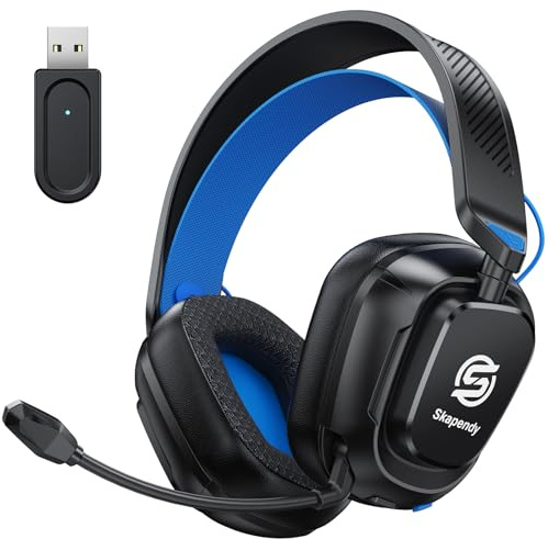 Skapendy 2,4GHz Wireless Gaming Headset für PS5, PS4, Switch, Mac, PC, Ultra-Niedriglatenz, 50+ Std. Batterie, Stereo Sound Bluetooth Gaming Kopfhörer mit Noise-Canceling Mikrofon, Helles Schwarz Blau