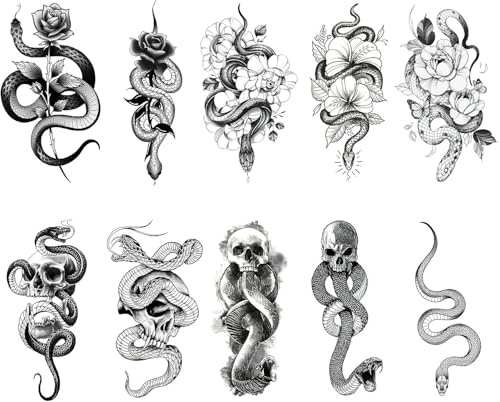10 Feuilles Tatouage Temporaire,Tatouage réaliste de rose de serpent 3D corps épaule tatouages Fleurs Noires Ephemere Faux Tatouages pour Adultes Hommes et Femmes Enfants Halloween Tattoo Ephémères