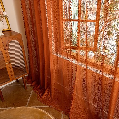 Sutuo Home Boho Lace Curtains 2 Panels for Living Room Bedroom, Orange Semi Sheer Curtains Privacy Vintage Chic Tassels Bohemian Style French Country Rod Pocket Halloween Decor, 50 x 90 Terracotta