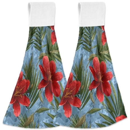 SEINDUS Exotic Tropical Lily and Golden Palm Hanging Kitchen Towel Set of 2 Soft Hand Towels with Loop for Bathroom Washcloth Absorbent Tie Towel Dish Towel for Kitchen Bathroom Toilet Home Hotel Gym