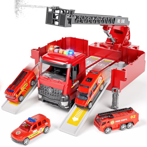 Doloowee Feuerwehrauto Spielzeug für Junge 3 4 5 Jahre | Verformbares Feuerwehrfahrzeug mit Feuerleiter, Sound und Licht, Sprudelfunktion, Weihn. Geschenk für Kinder ab 3 Jahren