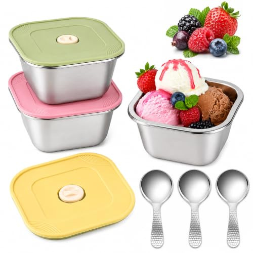 KUHAWL 3 recipientes de hielo para helados, 400 ml, de acero inoxidable, con tapas de silicona, recipientes reutilizables para helados con 3 cucharas para helados, yogur, aperitivos, frutas y
