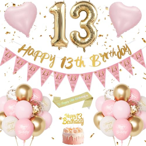 Decoración Cumpleaños 13 Años Niña, Globos 13.º Cumpleaños Rosa y Dorado