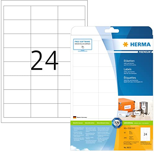 HERMA 8633 universella etiketter A4 små (66 x 33,8 mm, 10 ark, papper, matt) självhäftande, utskrivbara, permanenta adressetiketter, 240 klistermärken, vit