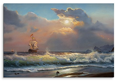 120x80cm Leinwandbild auf Keilrahmen Ölgemälde Strand Meer Wellen Segelboot Wolken Wandbild auf Leinwand als Panorama