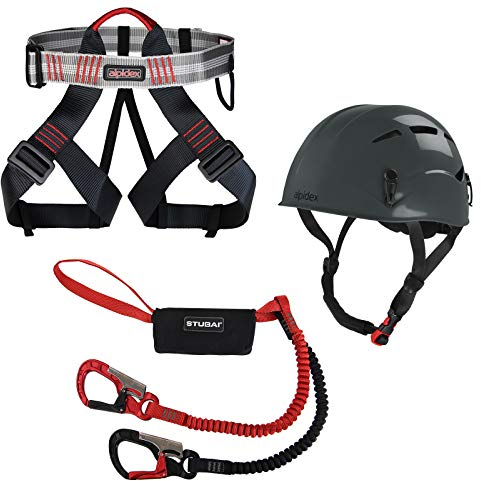 ALPIDEX Kletterhelm Klettergurt + Stubai Klettersteigset Basic 3.0, Farbe:Mountain Grey, Größe:Gurt - Universalgröße/Green Pepper