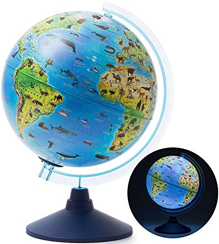 Exerz 25CM Zoo-Geo Illuminated Globe with Cable Free LED Light/ 2 in 1/ Day and Night - English Map - Physical and Zoo Dual Map - Light up globe - Educational and Fun, For School, Children, Family