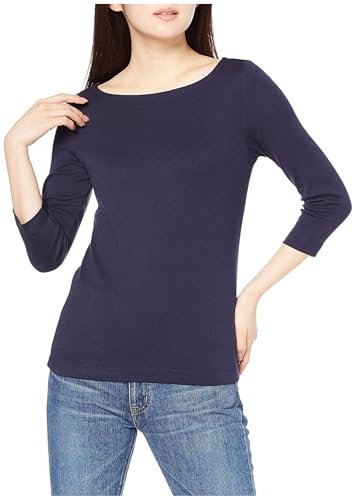 Amazon Essentials Women's Slim-Fit 3/4 Sleeve Solid Boat Neck T-Shirt, Navy, L