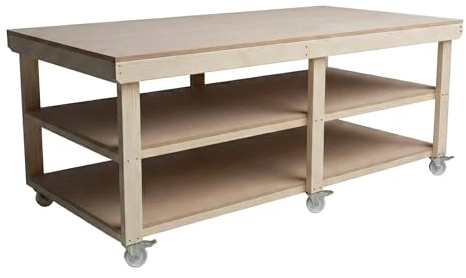 Arbor Garden Solutions 8ft x 4ft Mobile Heavy Duty Island Workbench - Double Shelf & Castors - 120cm Deep Rolling Table for Garage & Workshop (240cm)
