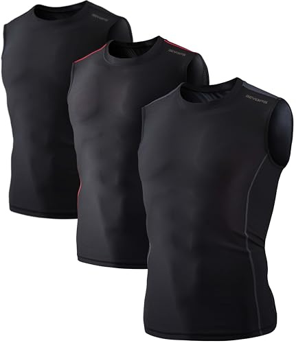 DEVOPS 3 Pack Men's Athletic Compression Baselayer Mesh Sleeveless Shirts (Large, Black/Black/Black)