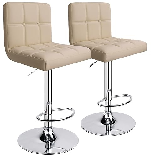 Leader Accessories Bar Stools (2/Set) Adjustable Bar Chairs Breakfast Dining Stools for Kitchen Island Counter PU Leather Double Stitching Square Back with decoration (Beige)