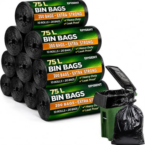 EPISENT 75L Heavy Duty Bin Bags, 200 Pack, Black | Extra Strong, Leak Proof