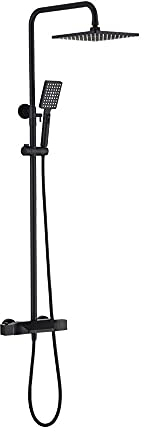 ALYHYB All-Kupfer-Thermostat-Duschsatz, 3-Funktion Handbrause und verstellbare Overhead-Regen-Dusche, 3-Control-Intelligent-Water-Outlet-Switch, Twin Head & Body Black Set