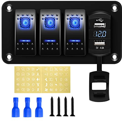 Rupse 12V 24VDC Schalter Panel, 3 Toggle Switch Aluminium Panel | 4.8A Dual USB Ladebuchse, Voltmeter Display, IP65 Wasserdicht, EIN/AUS Kippschalter, Für Autos Boote RVs LKWs Wohnmobil