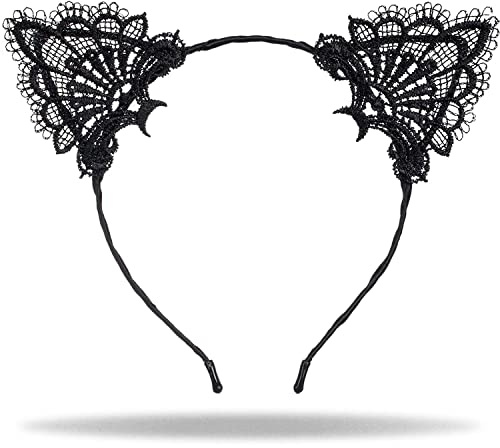 Hatstar Katzenohren Haarreif aus hochwertiger Spitze mit floralem Muster in Schwarz, Kostüm Accessoire für Damen und Mädchen, für Karneval, Fasching und Halloween