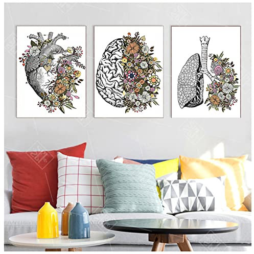 GVOZI Stampe Su Canvas Wall Art Vintage Anatomia Floreale Cuore Cervello Wall Art Canvas Pittura Retro Poster E Stampe Immagini A Parete Medico Clinica Decor 60x80cm