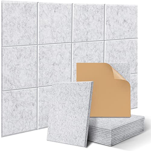JAMELO 12 Pack Square Acoustic Panels Self-Adhesive, High Density Sound Proofing Panels for Walls, Sound Deadening Insulation Treatment Sound Absorbing for Studio, Office, Home, 30x30x0.9cm Grey