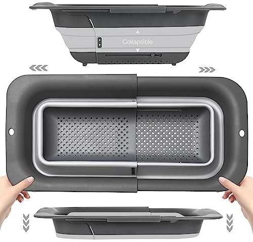 Over The Sink Collapsible Colander Strainer Basket - Extendable Silicone Sieves and Strainers, Wash Vegetables and Fruits, Drain Cooked Pasta, Environmentally Friendly, New Kitchen Essentials