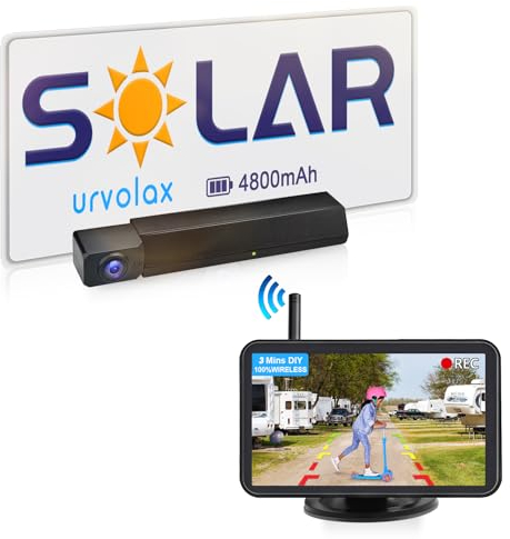 URVOLAX Solar Rückfahrkamera Kabellos mit 5 Zoll Monitor, 1080P DIY Installation Auto Rückfahrkamera Funk mit Akku, Digitalem Signal IP69K Wasserdicht Rückfahrkamera Wohnmobil Wohnwagen LKW Anhänger