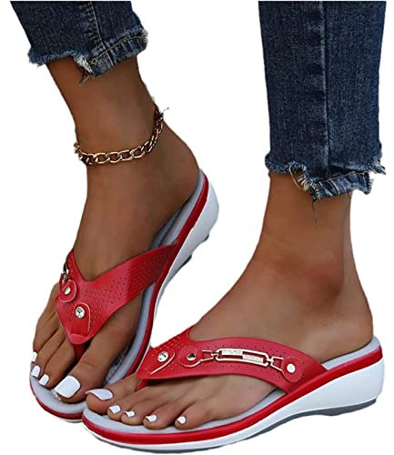 EXECAB Damen Zehentrenner Sandalen Damen Strass Flip-Flops Sommer PU-Leder Clip -Toe Pantoffeln Gummi Plateau Slippers Freizeit Strandschuhe