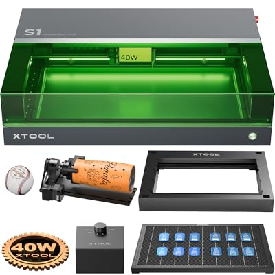 xTool S1 40W Grabador Láser Kit Todo en Uno, con Rotativo, Riser Base, Sistema de Aire Inteligente y Panel, Seguridad Cerrada, Enfoque Automático, 498 * 330mm, Cortadora Laser para Madera, Acrílico