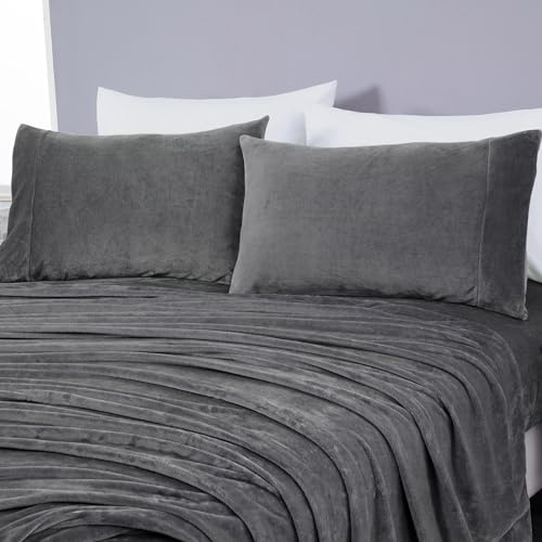 Chezmoi Collection Extra Soft Fleece Sheet Set King, Microplush Non-Pilling Velvety Bed Sheet, Deep Pocket - Lightweight All Season Warmth, King, Gray