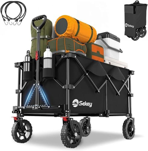 Sekey 200L Folding Festival Trolley with All-Terrain Wheels and Brake, Heavy-Duty Cart Loadable up to 150KG (330LB), Patented Four-Directional Foldable Design, Wagon for Beach Camping Garden, Black
