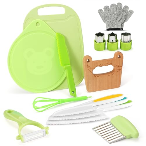 Kindermesser 14-teiliges Kinder-Küchenmesser-Set zum Schneiden und Kochen von Obst oder Gemüse für Kleinkinder, kinder kochset Kochmesser Sicherheit Messer (Krokodil)
