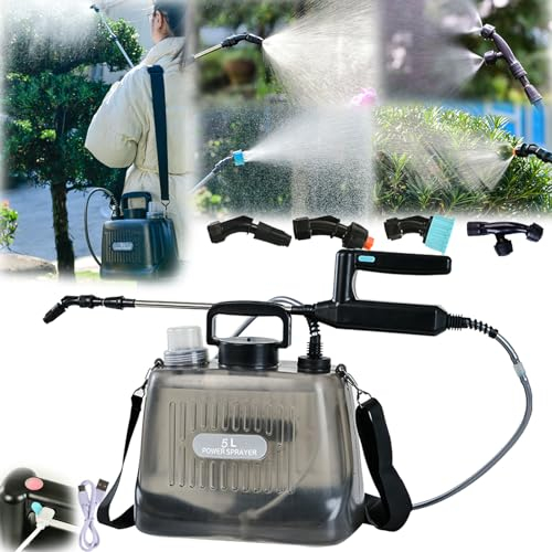 Drucksprüher, 5L Akku Drucksprühgerät Gartenspritze mit Lanze und 4 Verstellbaren Sprühdüsen Rückenspritze mit 2400mAh Batterie (7.4V Automatische Pumpe Transparenter Tank Teleskopierbare Lanze)