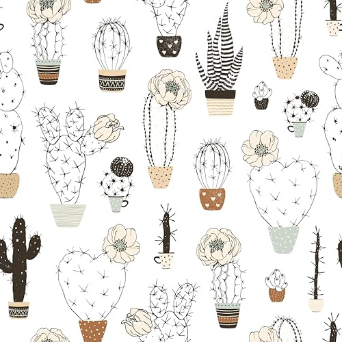 SOEWIOU Black and White Cactus Peel and Stick Wallpaper, 44.5 x 300CM Self-Adhesive Removable Wallpaper with Beige Florals, Waterproof and Decorative for Bedroom or Nursery