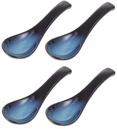 Alipis Japanese Style Ceramic Soup Spoons and Rice Spoons Blue Curved Design 4pcs Set Sturdy Household Kitchen Utensils for Dining and Cooking