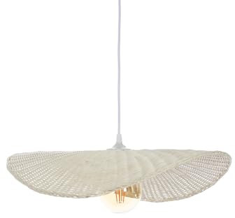 LUSSIOL - Luminaire Padang, lustre chips - lampe suspendue en rotin tressé naturel puis blanchi - câble plastique blanc, douille E27 - possibilité ampoule LED - 60W maxi, Diam. 38 x H. 7 cm