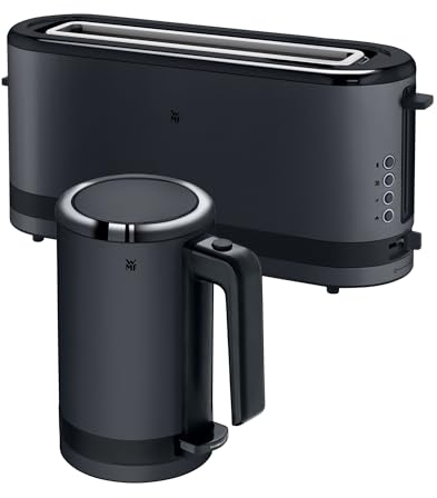 WMF Set 2-teilig Küchenminis Mini Reise-Wasserkocher Edelstahl 0,8l, elektrischer Wasserkocher mit Kalkfilter und Küchenminis Langschlitztoaster 2 Scheiben mit Brötchenaufsatz, Toaster schmal, schwarz