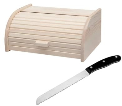 Fackelmann 9926650 Set de 2 ustensiles pour le pain avec Huche à pain et Couteau à Pain, Boite à pain, Boite de conservation du pain, Bois de pin, Acier Inoxydable, Noir/Argent, 40 x 28 cm | Rangement pain visible, Huche bois 40 x 28 x 18 cm, Couteau inox dentelé, Format pour baguette, Brioche et pain de mie