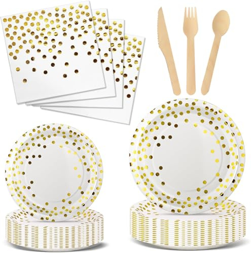 Nkaiso Stoviglie Per Feste 144 Pezzi Bianco Oro Festa della Addobbi Ragazza di Compleanno dei Dambini Festa Posate set Include Piatto di Carta Party Tovaglioli Posate -24 Ospiti